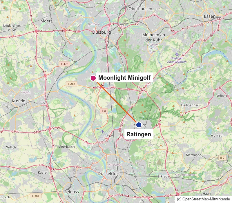 Karte mit Ratingen im Osten und dem Moonlight Minigolf im Süden von Duisburg